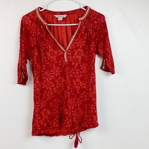 Lucky Brand braided trim drawstring soft knit split neck 3/4 sleeve red top